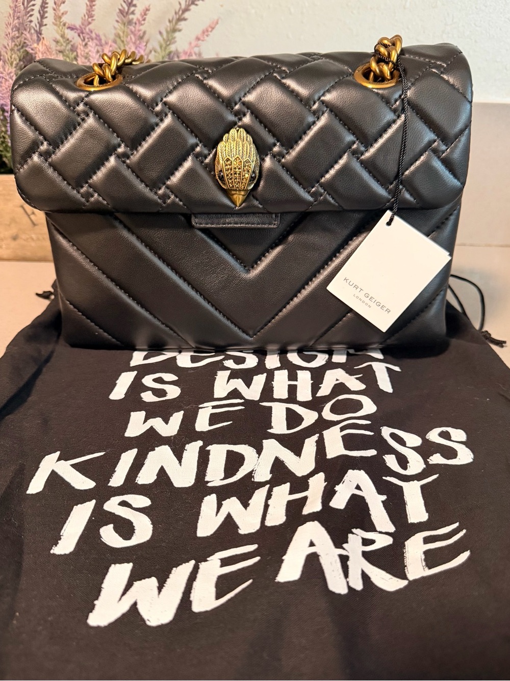 Kurt Geiger “Kensington” Black Quilted Shoulder Bag with Gold Chain and Clasp
